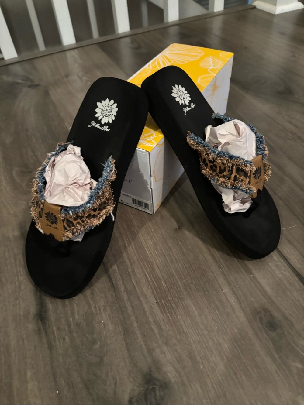 Yellow Box Black Slide Sandals with Leopard-Print Frayed Strap